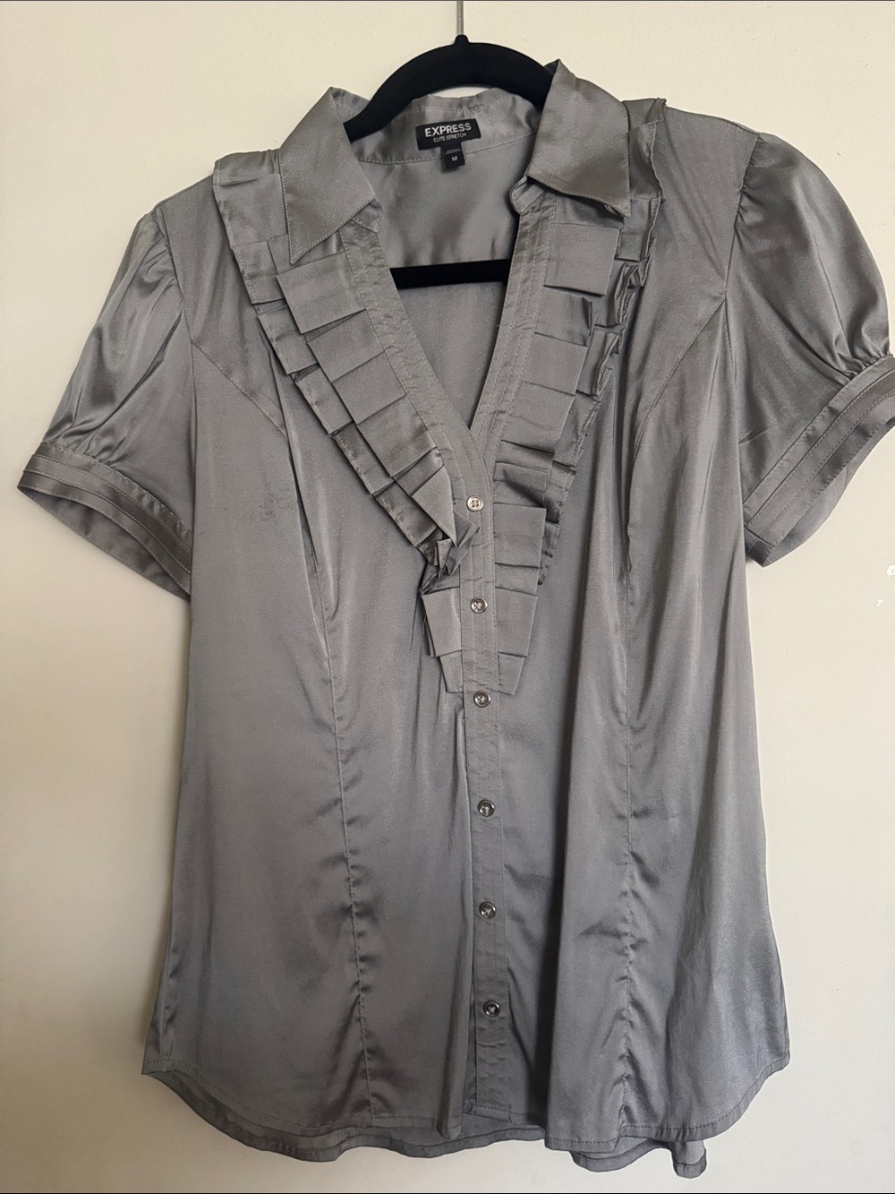 Express Silver-Gray Ruffle Button-Down Blouse